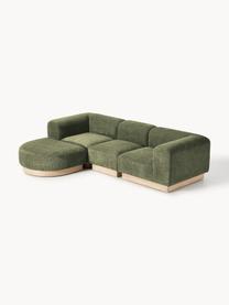 Modulares Sofa Natalie (3-Sitzer) aus Teddy-Bouclé mit Hocker, Bezug: Teddy-Bouclé (100 % Polye, Gestell: mitteldichte Holzfaserpla, Sockel: Massives Buchenholz, lack, Teddy-Bouclé Dunkelgrün, helles Buchenholz, B 283 x T 197 cm