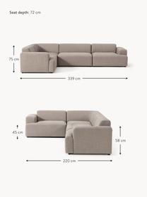 Grand canapé d'angle 4 places Melva, Tissu grège, larg. 339 x prof. 220 cm, dossier à droite