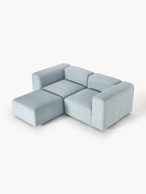 Sofá modular bouclé de 3 plazas con reposapiés Lena, Tapizado: Bouclé (93% poliéster, 6%, Estructura: madera de pino, contracha, Patas: plástico, Bouclé azul claro, An 209 x F 181 cm