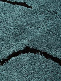 Alfombra artesanal de pelo largo Davin, Parte superior: 100% poliéster-microfibra, Reverso: poliéster reciclado, Azul petróleo, negro, An 200 x L 300 cm (Tamaño L)