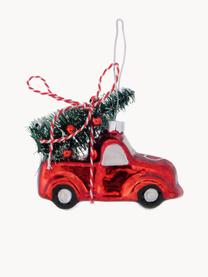 Adornos navideños artesanales Little Car, 2 uds., Vidrio pintado, Rojo, verde oscuro, blanco, An 8 x Al 7 cm