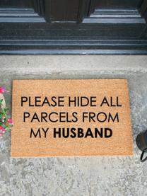 Fussmatte Please hide all parcels from my husband, Oberseite: Kokosfaser, Unterseite: PCV, Braun, B 40 x L 60 cm