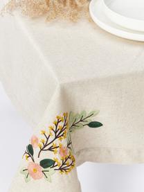 Nappe avec motif à fleurs brodé Argo, 75 % coton certifié BCI, 25 % lin, Beige clair, fleurs-motif figuratif, 6-8 personnes (long. 240 x larg. 140 cm)