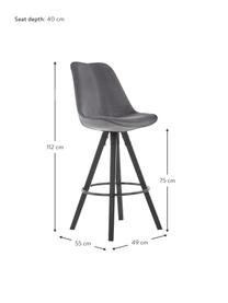 Sgabello cucina in velluto grigio Dima 2 pz, Rivestimento: velluto di poliestere, Gambe: legno di albero della gom, Rivestimento: grigio scuro Gambe: nero Poggiapiedi: nero, Larg. 49 x Alt. 112 cm