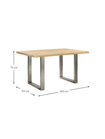 Mesa de comedor Oliver, tablero de madera maciza, Tablero: madera de roble maciza y , Patas: acero mate lacado, Roble, acero inoxidable, An 180 x F 90 cm