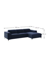 Divano angolare in velluto blu con funzione relax Brito, Rivestimento: 100% velluto di poliester, Sottostruttura: compensato, legno di fagg, Blu, Larg. 300 x Prof. 170 cm