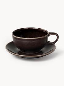 Handgemachte Teetasse Nordic Coal mit Untertasse, Steingut, Schwarz, gesprenkelt, Ø 11 x H 5 cm, 250 ml