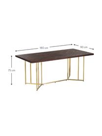 Eettafel Luca van mangohout met visgraatpatroon, verschillende formaten, Tafelblad: massief gelakt mangohout, Frame: gecoat metaal, Mangohout, goudkleurig, B 160 x D 90 cm