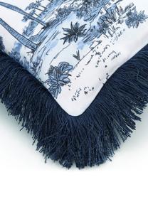 Kussenhoes Akira met motief en franjes in blauw/wit, 100% katoen, Blauw, B 40 x L 40 cm