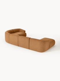 Sofá rinconera modular en tejido bouclé Sofia, Tapizado: tejido bouclé (100% polié, Estructura: madera de abeto, tablero , Patas: plástico Este producto es, Bouclé marrón claro, An 404 x F 231 cm, esquina derecha