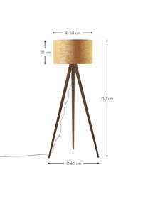 Lampada treppiede da terra scandi in legno massiccio con paralume in velluto Jake, Paralume: velluto, Gambe: legno di frassino certifi, Giallo, Ø 60 x Alt. 150 cm