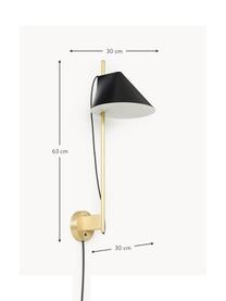 Dimbare LED wandlamp Yuh met timerfunctie, Lampenkap: gelakt aluminium, Zwart, messing, B 30 x H 63 cm