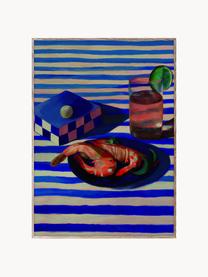 Plakat Shrimp & Stripes, 210 g matowy papier, druk cyfrowy z 10 farbami odpornymi na promieniowanie UV, Niebieski, koralowy, oliwkowy zielony, S 30 x W 40 cm