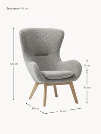 Fauteuil à oreilles en peluche pieds en bois Wing, Peluche gris, larg. 77 x prof. 89 cm