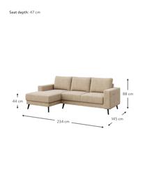 Sofá rinconera de terciopelo Fynn (3 plazas), Tapizado: 100% poliéster Alta resis, Asiento: muelles ondulados, espuma, Estructura: madera dura, madera bland, Patas: madera pintada, Tejido beige, An 234 x F 145 cm, chaise longue izquierda