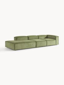 Chaise longue XL componibile in velluto a coste Lennon, Rivestimento: velluto a coste (92% poli, Struttura: legno di pino massiccio, , Piedini: plastica I piedini si tro, Velluto a coste verde oliva, Larg. 357 x Prof. 119 cm, schienale a sinistra