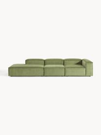 Chaise longue XL componibile in velluto a coste Lennon, Rivestimento: velluto a coste (92% poli, Struttura: legno di pino massiccio, , Piedini: plastica I piedini si tro, Velluto a coste verde oliva, Larg. 357 x Prof. 119 cm, schienale a sinistra