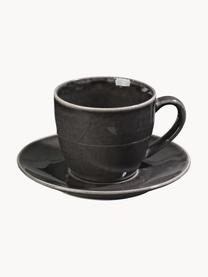 Handgemaakte koffiekop Nordic Coal met schotel, Keramiek, Zwart, gespikkeld, Ø 8 x H 9 cm, 150 ml