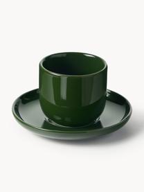 Tasses à expresso en porcelaine avec sous-tasses Nessa, 4 pièces, Porcelaine de haute qualité, émaillé, Vert foncé, haute brillance, Ø 7 x haut. 6 cm, 90 ml