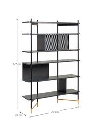 Open wandrek Shelving in zwart, Frame: gelakt metaal, Plank: MDF met essenhoutfineer, , Zwart, 120 x 177 cm