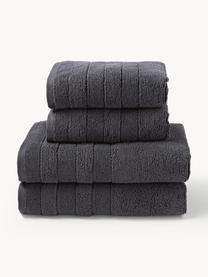 Lot de serviettes de bain avec bordure décorative Luxe, set de tailles variées, Anthracite, 3 éléments (1 serviette invité, 1 serviette de toilette et 1 drap de bain)