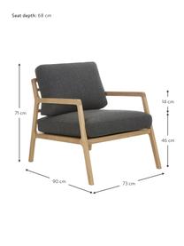 Fauteuil scandi Becky, Tissu graphite, bois de chêne, larg. 73 x haut. 71 cm