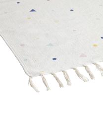 Tappeto in cotone con fantasia colorata e frange Tainka, 95% cotone, 5% poliestere, Bianco, blu, giallo, rosa, Larg. 65 x Lung. 110 cm (taglia XS)
