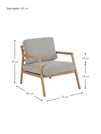 Fauteuil lounge en bois Becky, Tissu gris, bois de chêne, larg. 73 x prof. 90 cm