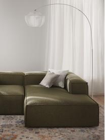 Modulo angolare chaise longue in bouclé Lennon, Rivestimento: bouclé (100% poliestere) , Struttura: legno di pino massiccio, , Piedini: plastica Questo prodotto , Bouclé verde oliva, Larg. 119 x Prof. 180 cm, angolo a destra