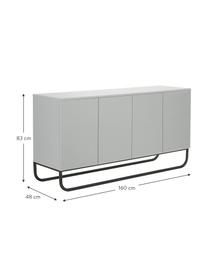 Klassiek dressoir Sanford in lichtgrijs met deuren, Frame: gelakt MDF, Poten: gepoedercoat metaal, Lichtgrijs, zwart, 160 x 83 cm