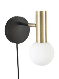 Verstelbare wandlamp Wilson met glazen lampenkap en stekker, Lampenkap: opaalglas, Fitting: vermessingd metaal, Zwart, goudkleurig, D 22 x H 22 cm