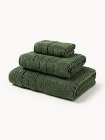 Lot de serviettes de bain avec bordure décorative Luxe, set de tailles variées, Vert foncé, 3 éléments (1 serviette invité, 1 serviette de toilette et 1 drap de bain)