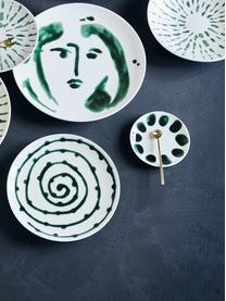 Handbeschilderde dessertborden Sparks met penseelstreek decoratie, 2 stuks, Keramiek, Wit, groen, Ø 12 cm