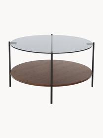 Mesa de centro Valentina, tablero de vidrio, Tablero: vidrio, Estante: tablero de fibras de dens, Estructura: metal con pintura en polv, Madera de fresno, negro, Ø 84 cm