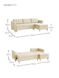 Divano letto angolare in tessuto beige con contenitore Fandy, Rivestimento: poliestere Il rivestiment, Piedini: legno di faggio, Tessuto beige, Larg. 223 x Prof. 69 cm, chaise-longue a destra