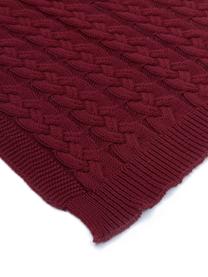 Plaid fatto a maglia con motivo a trecce Caleb, 100% cotone, Rosso scuro, Larg. 130 x Lung. 170 cm