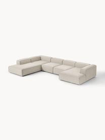 Sofa modułowa z mieszanki lnu Lennon, Tapicerka: 50% wiskoza, 25% len, 15%, Nogi: tworzywo sztuczne Ten pro, Szara mieszanka lnu, S 418 x G 269 cm, prawostronna