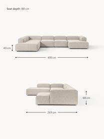 Sofa modułowa z mieszanki lnu Lennon, Tapicerka: 50% wiskoza, 25% len, 15%, Nogi: tworzywo sztuczne Ten pro, Szara mieszanka lnu, S 418 x G 269 cm, prawostronna