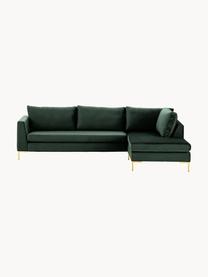 Divano angolare in velluto Luna, Rivestimento: velluto (100% poliestere), Struttura: legno massiccio di faggio, Velluto verde scuro, oro, Larg. 280 x Prof. 184 cm, chaise-longue a sinistra