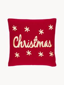 Gebreide kussenhoes Christmas met opschrift, Katoen, Rood, goudkleurig, B 40 x L 40 cm