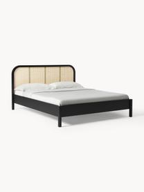 Cama de madera Jones, con cabecero, Estructura: madera contrachapada chap, Patas: madera de fresno maciza, Negro, An 140 x L 200 cm