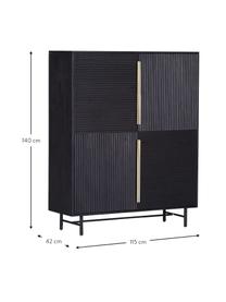 Credenza alta in legno di acacia con frontale scanalato Mamba, Struttura: legno di acacia verniciat, Gambe: metallo verniciato, Nero, Larg. 115 x Alt. 140 cm