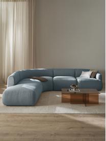 Canapé d'angle modulable 4 places en tissu bouclé Sofia, Bouclé bleu, larg. 318 x prof. 298 cm, méridienne à droite