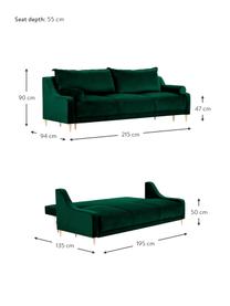 Zamatová pohovka na spanie s úložným priestorom Lea (3-miestna), Zamatová zelená, mosadzné odtiene, Š 215 x H 94 cm