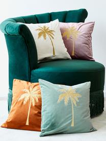 Glänzende Samt-Kissenhülle Palmsprings mit Stickerei, 100% Polyestersamt, Orange, Goldfarben, 40 x 40 cm