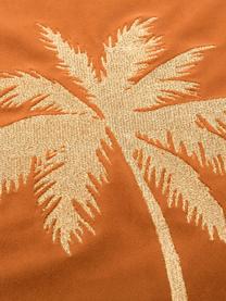Glanzende fluwelen kussenhoes Palmsprings met borduurwerk, 100% polyester fluweel, Oranje, goudkleurig, 40 x 40 cm