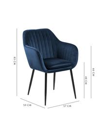 Silla de terciopelo con reposabrazos Emilia, Tapizado: terciopelo de poliéster 2, Patas: metal pintado, Terciopelo azul oscuro, patas negro, An 57 x F 59 cm