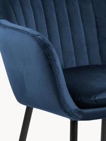Krzesło z podłokietnikami z aksamitu i metalowymi nogami Emilia, Tapicerka: aksamit (100% poliester) , Nogi: metal lakierowany, Ciemnoniebieski aksamit, czarny, S 57 x G 59 cm