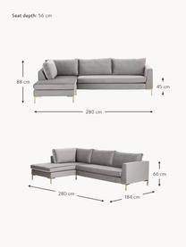 Sofa narożna z aksamitu Luna, Tapicerka: aksamit (100% poliester) , Stelaż: lite drewno bukowe, sklej, Nogi: metal galwanizowany, Szary aksamit, S 280 x G 184 cm, lewostronna