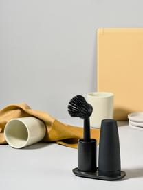 Wasmiddeldispenserset Plain met borstel, 3-delig, Keramiek, kunststof (ABS), siliconen, Zwart, B 15 x D 8 cm